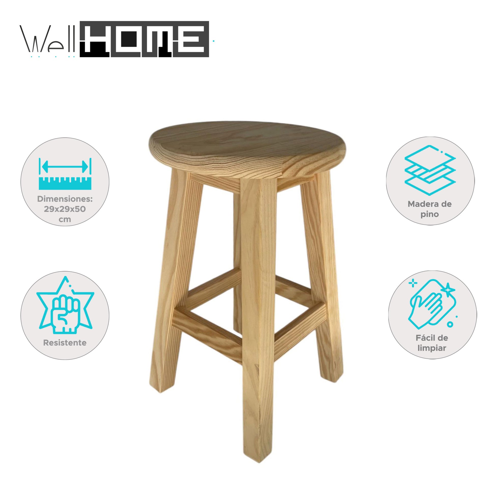Well Home Taburete de Madera Maciza Redondo Color Natural (29 x 29 x 50 cm)_1