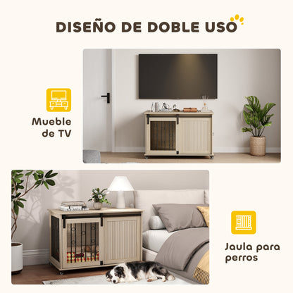Pawhut Jaula Para Perros Mesa Auxiliar Con 2 Puertas Y Cierre 100x56x65 Cm Roble_5