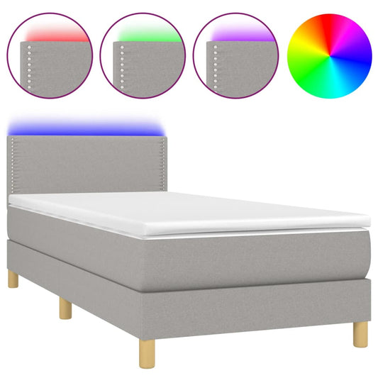 Cama Box Spring Con Colchón Tela Y Led Gris Claro 80x200 Cm / Vetonek_0