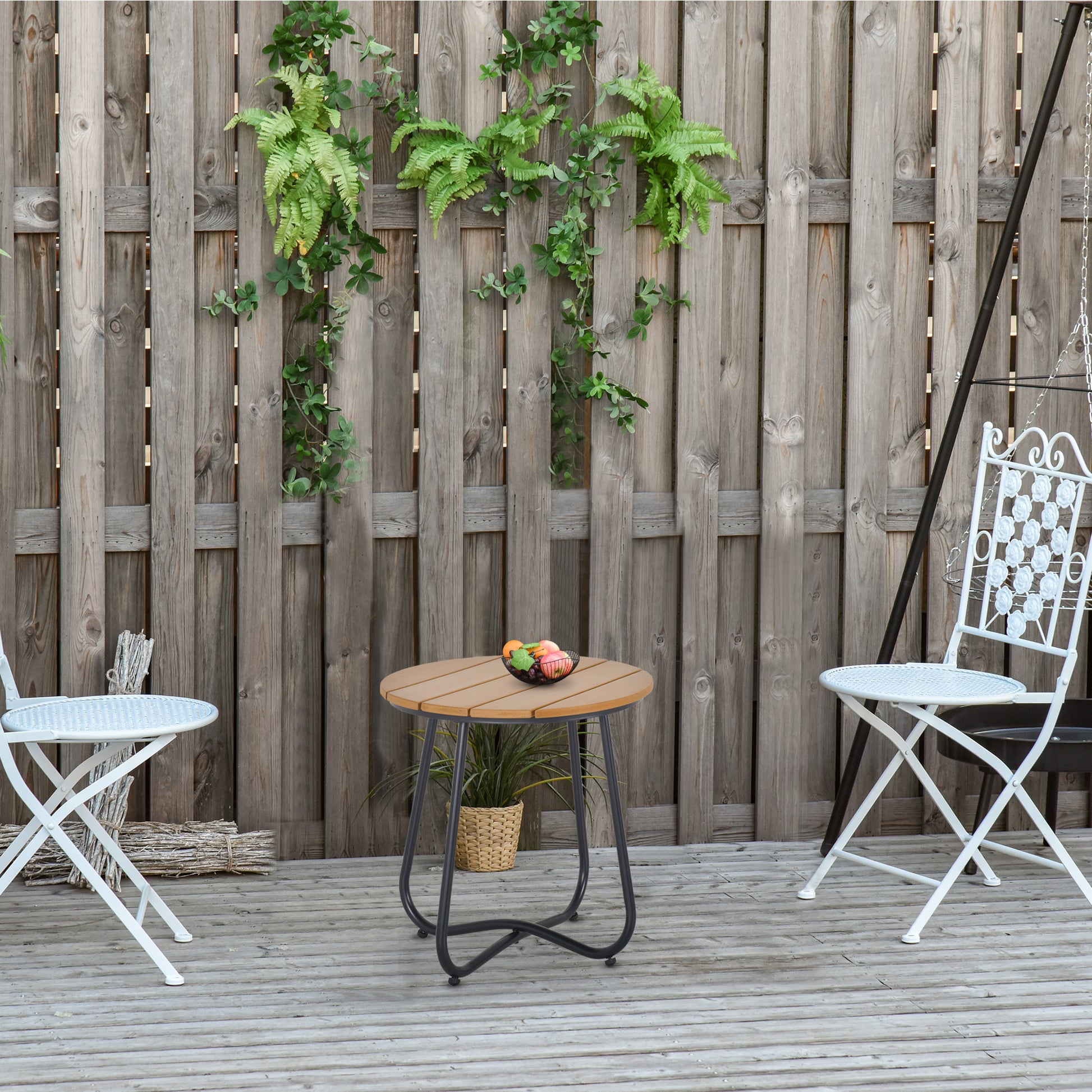 Outsunny Mesa Auxiliar Redonda Con Diseño De Listones Ø49x48 Cm Natural Y Negro_1