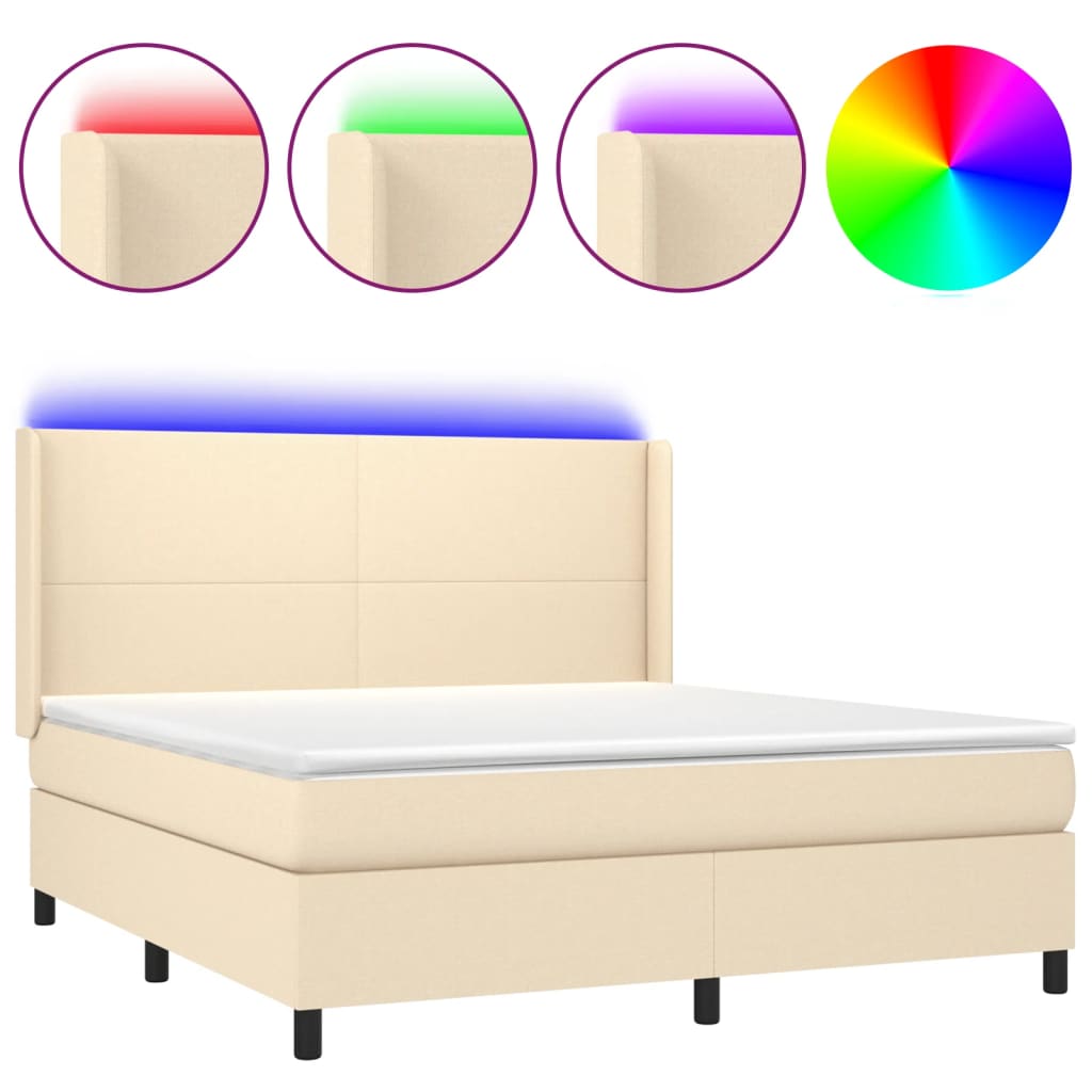Cama Box Spring Colchón Y Luces Led Tela Crema 180x200 Cm / Vetonek_0