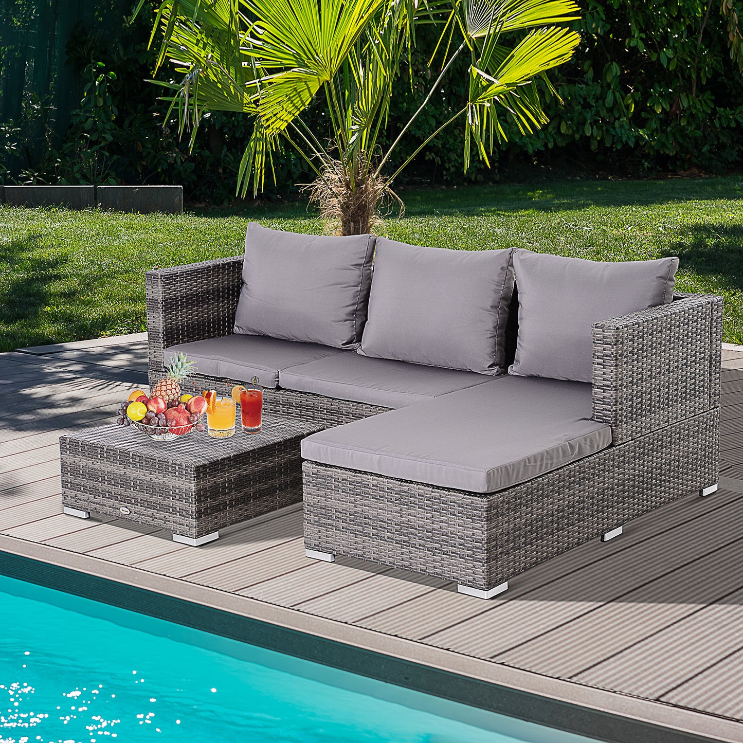 Outsunny Conjunto De Sofás De Ratán 3 Piezas Almacenaje Respaldo Ajustable Gris_1