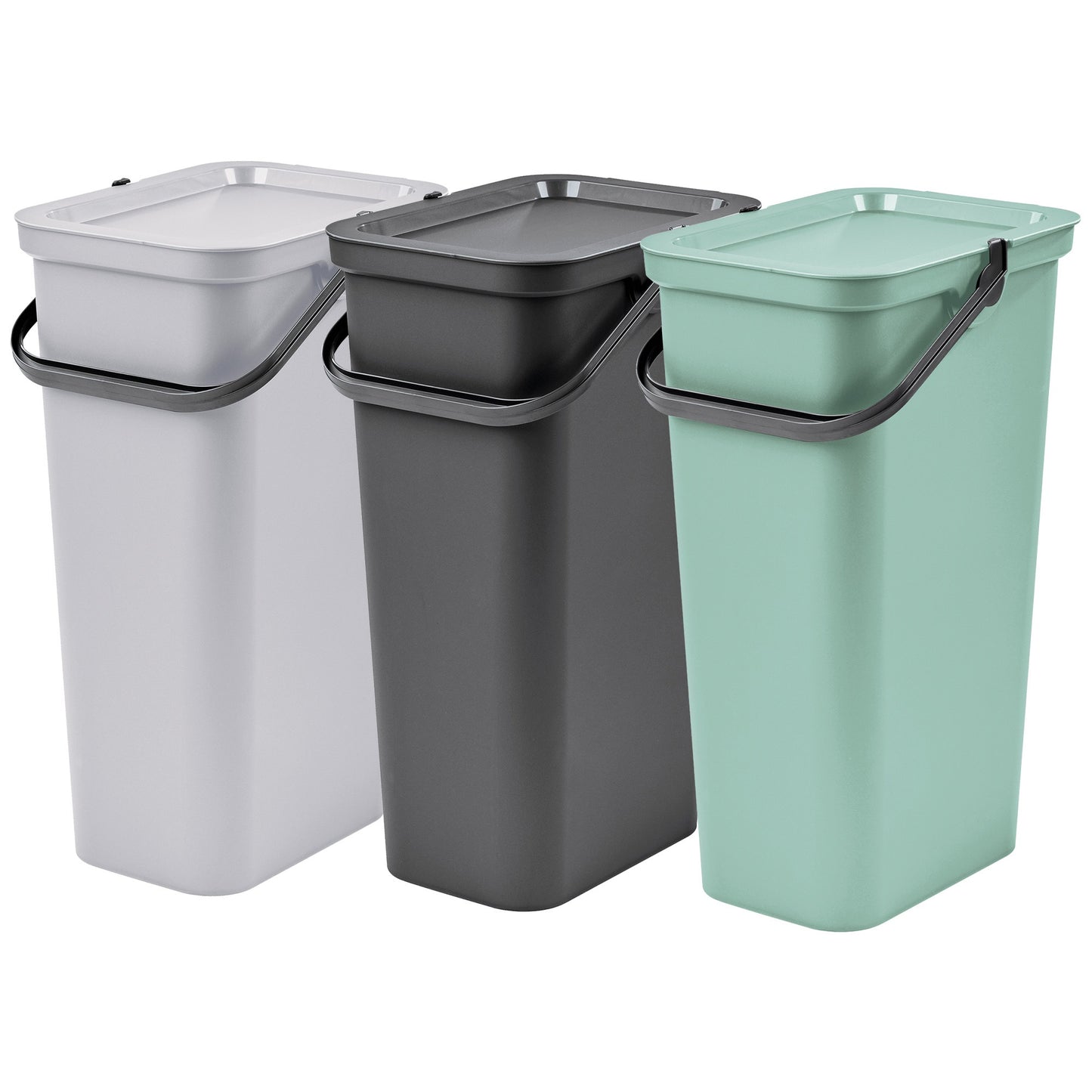 Set De 3 Papeleras moda Con Asa Grafito, Salvia Y Blanco De 40l