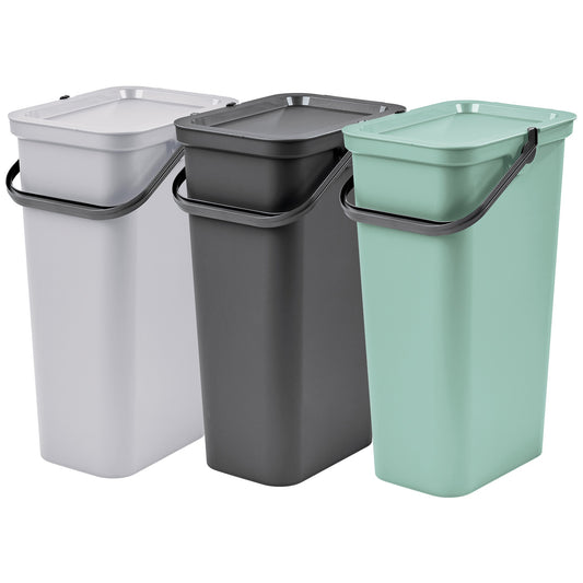 Set De 3 Papeleras moda Con Asa Grafito, Salvia Y Blanco De 40l