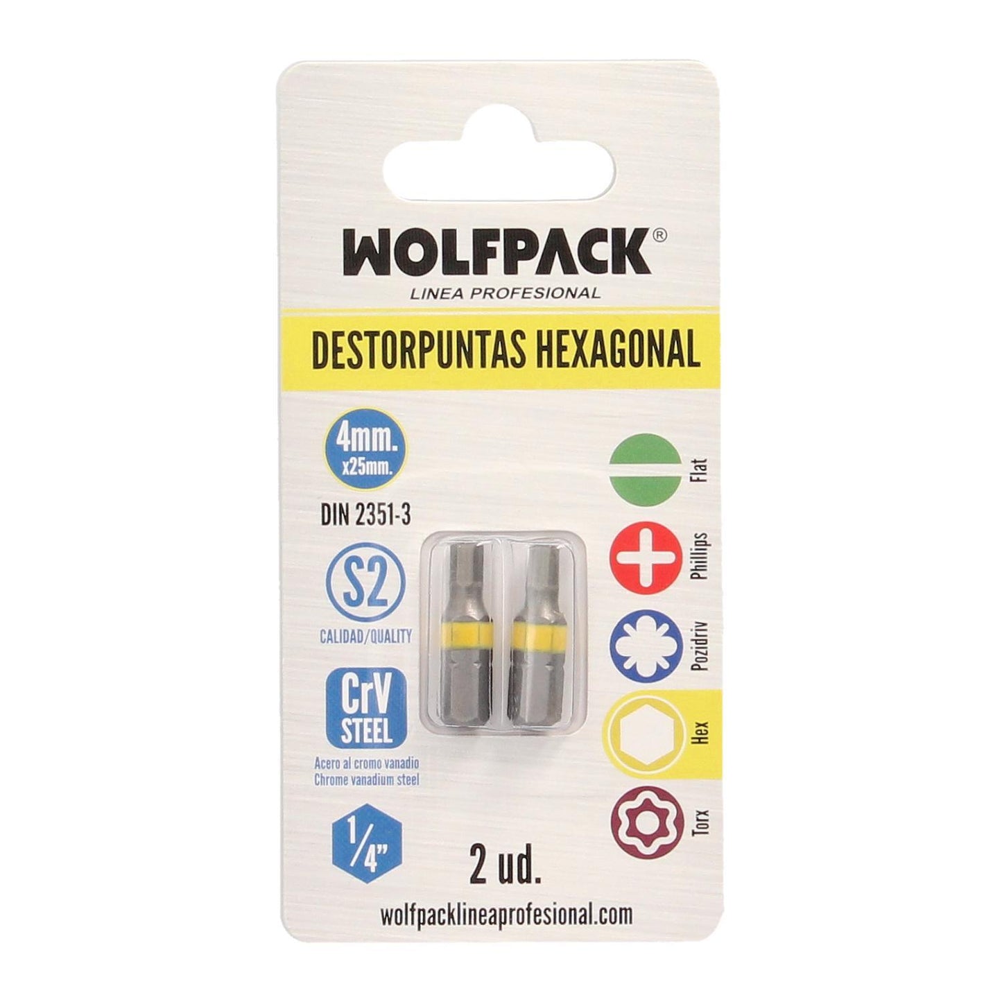 Puntas Destornillador Hexagonal 4,0 Mm. (2 Piezas). Acero S2 Al Cromo Vanadio. Puntas Hexagonales, Destorpuntas,