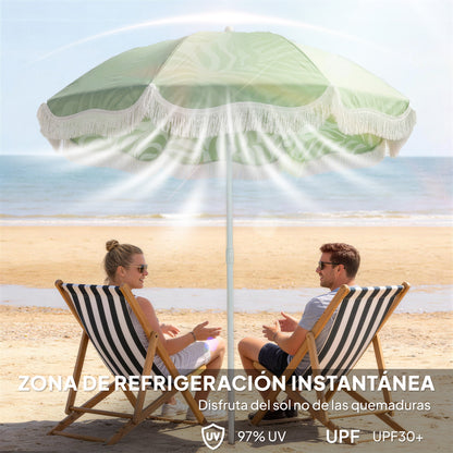 Outsunny Sombrilla De Playa Con Flecos Ø180cm Altura Ajustable Inclinación Verde_5