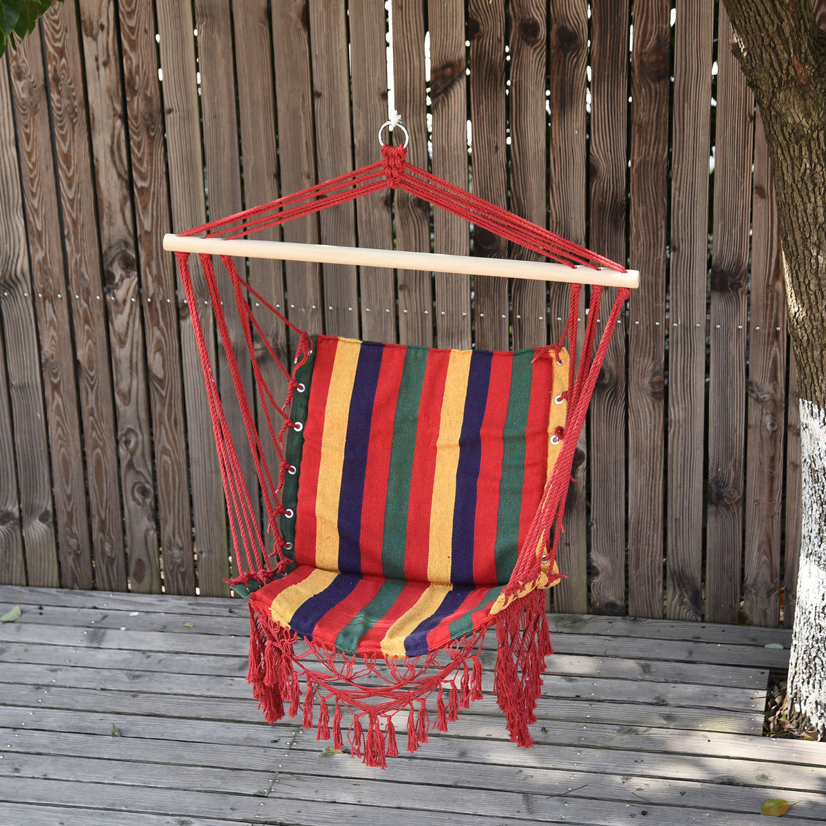 Silla Hamaca Colgante Outsunny Madera, Algodón, Poliéster Rojo, Azul Y Amarillo 100x60x100 Cm_1