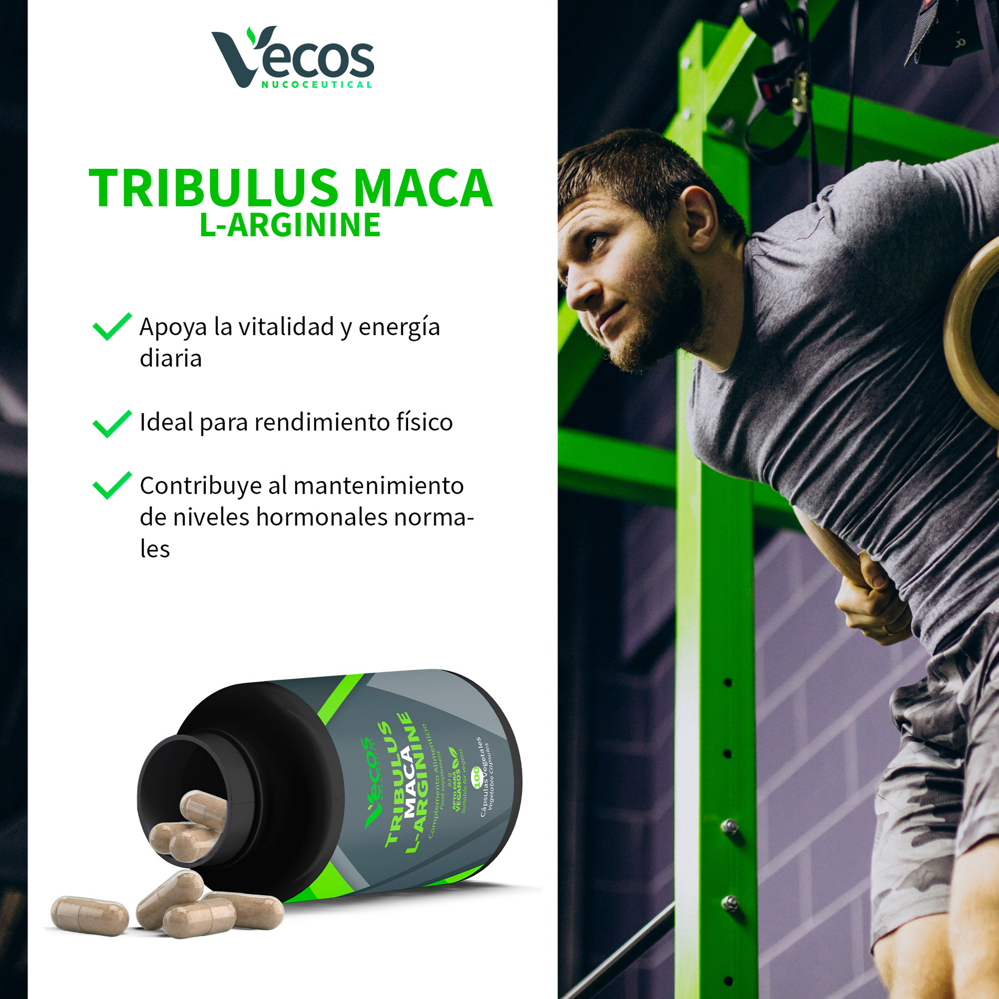 Tribulus + Maca + L-arginina Vecos 100 Cápsulas | Rendimiento, Energía Y Libido Masculina_3