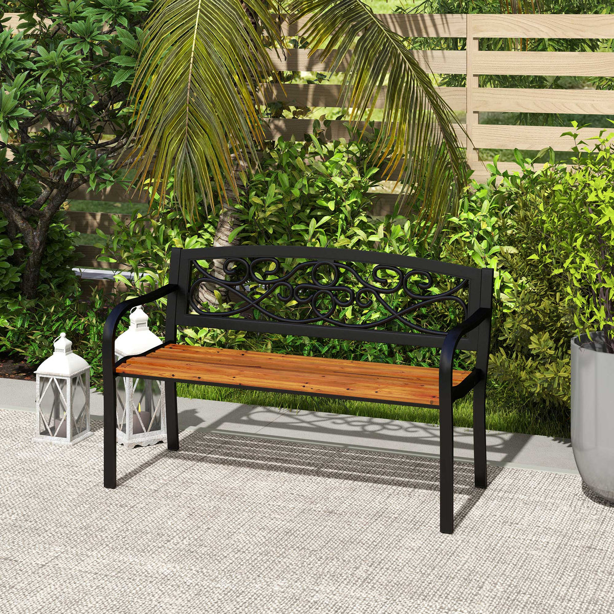Banco De Jardín Outsunny Acero, Madera De Pino Negro 127x56x80 Cm_1
