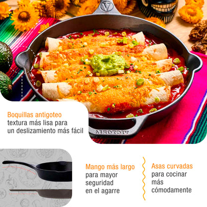 Victoria Sartén Hierro Fundido Curado Diseño Catrina Inducción 25cm Apta Fuego, Horno Cast Iron Skillet, Catrina, Negro_3