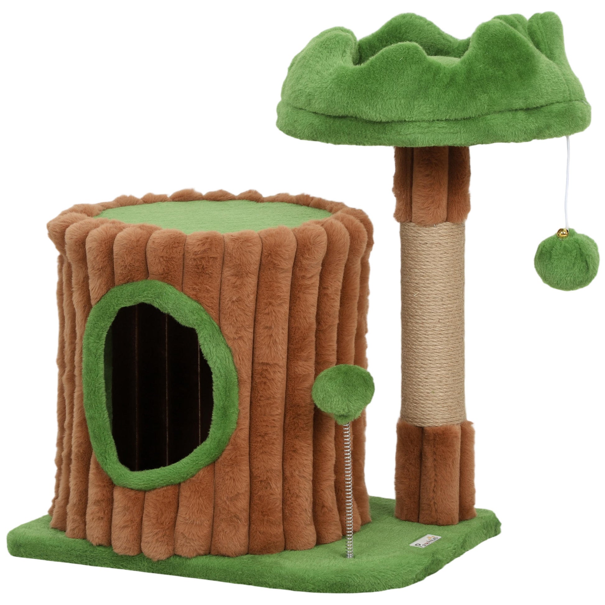 Pawhut Árbol Rascador Para Gatos 53 Cm Casita Cama Poste Bolas Marrón Y Verde_0