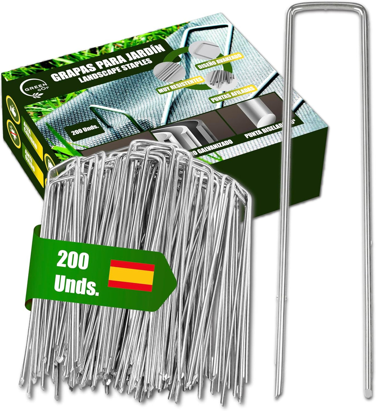 GREEN GOF 200 Grapas Para Malla Antihierba, Cesped Artificial Y Jardin. Acero Galvanizado, 15x4cm, Ø3mm._0