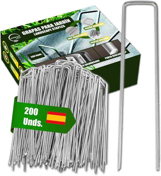 GREEN GOF 200 Grapas Para Malla Antihierba, Cesped Artificial Y Jardin. Acero Galvanizado, 15x4cm, Ø3mm._0