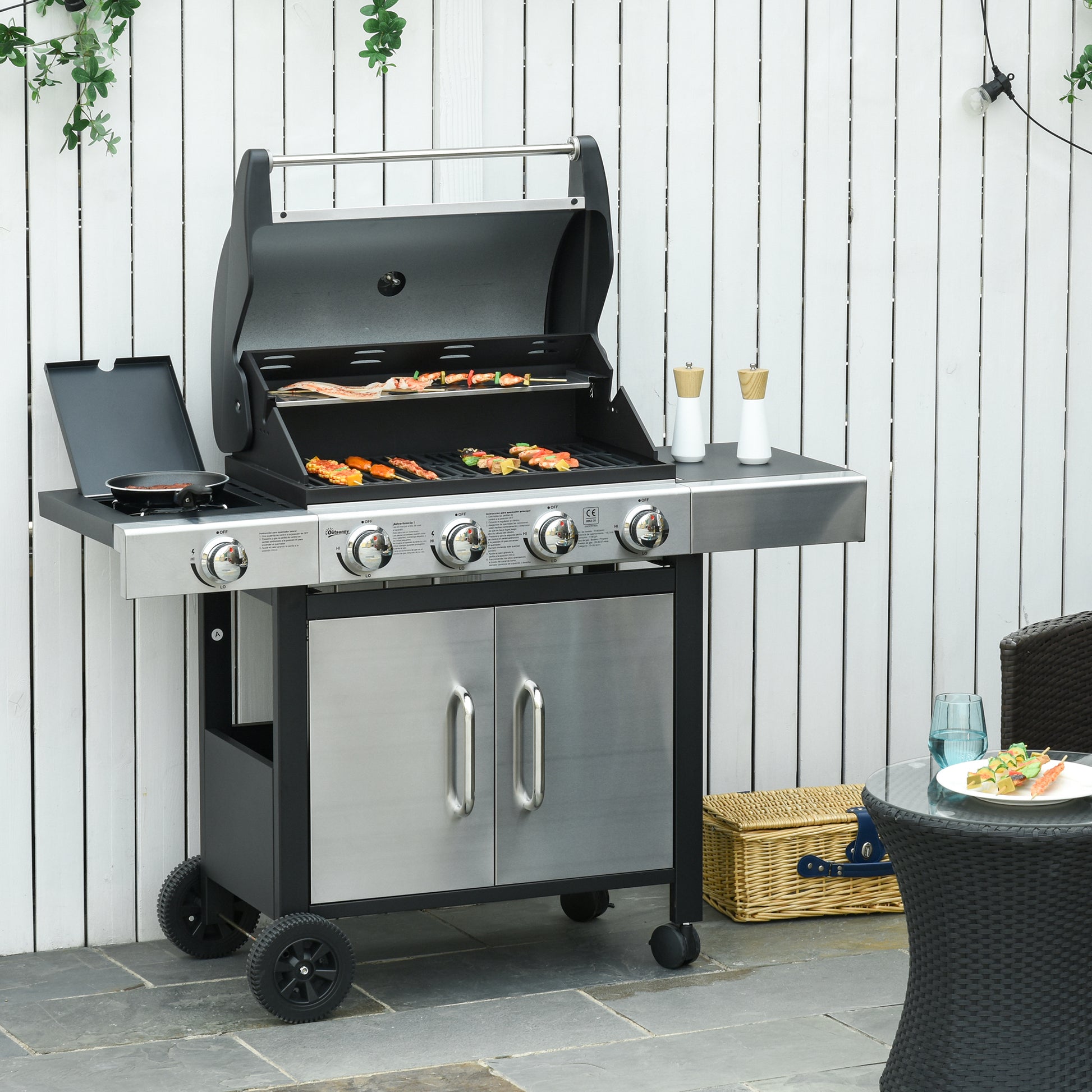 Outsunny Barbacoa De Gas Con 4+1 Quemadores 15,2 Kw Termómetro 2 Mesas Y Armario_1