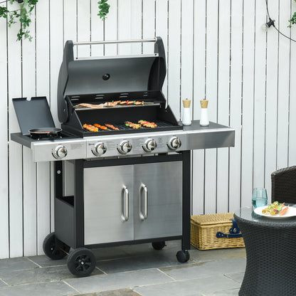 Outsunny Barbacoa De Gas Con 4+1 Quemadores 15,2 Kw Termómetro 2 Mesas Y Armario_1