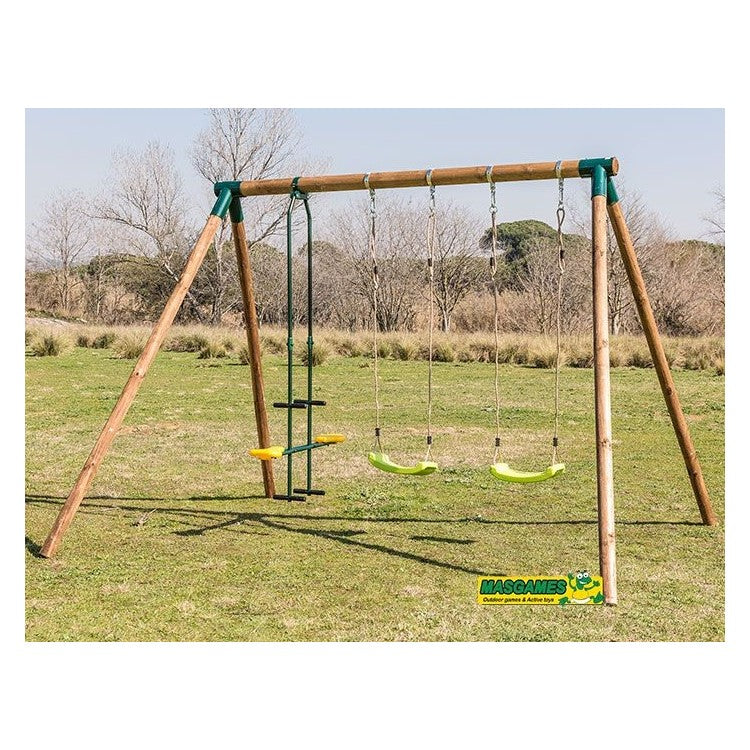 Columpio Triple De Madera Redonda Masgames Etna Xl + Asiento Cara A Cara.