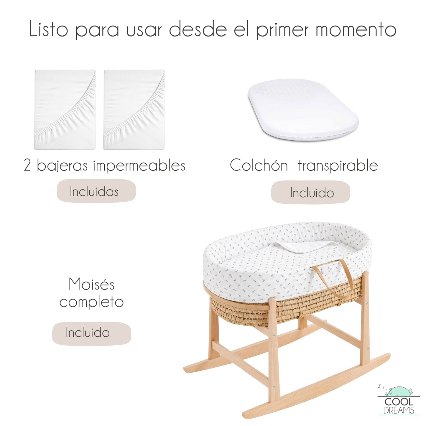 Moisés Completo Para Bebé (vestidura De Algodón Grey Atlantis + Colchón + Estructura Balancín + 2 Bajeras Impermeables)_5