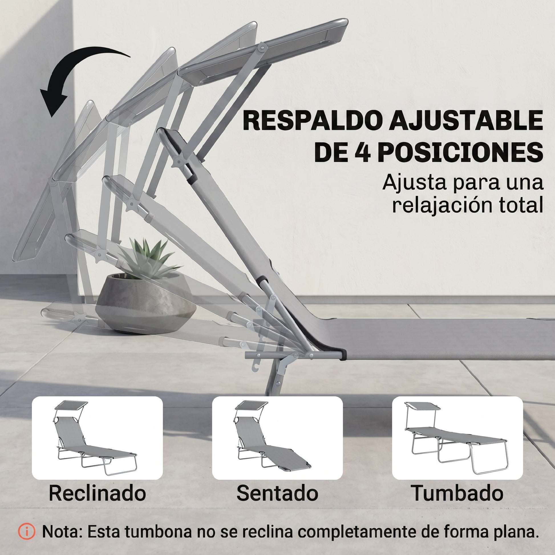 Outsunny Tumbona De Jardín Plegable Con Toldo Desmontable 187x58x36cm Gris Claro_4