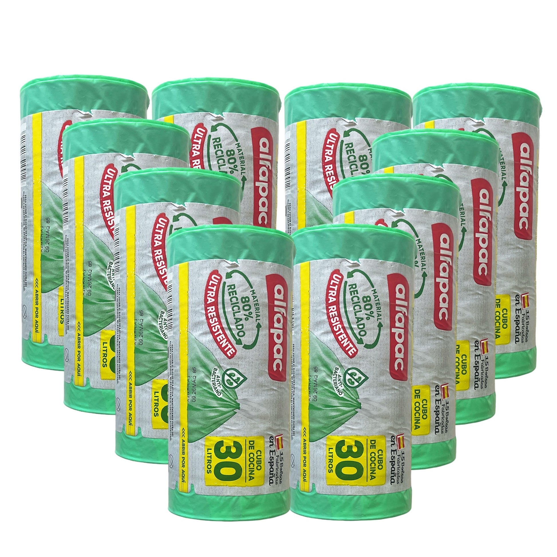 80% Reciclado 10 Rollos De 15 Bolsas De Basura 'antibacterias' 30l Con Autocierre_0