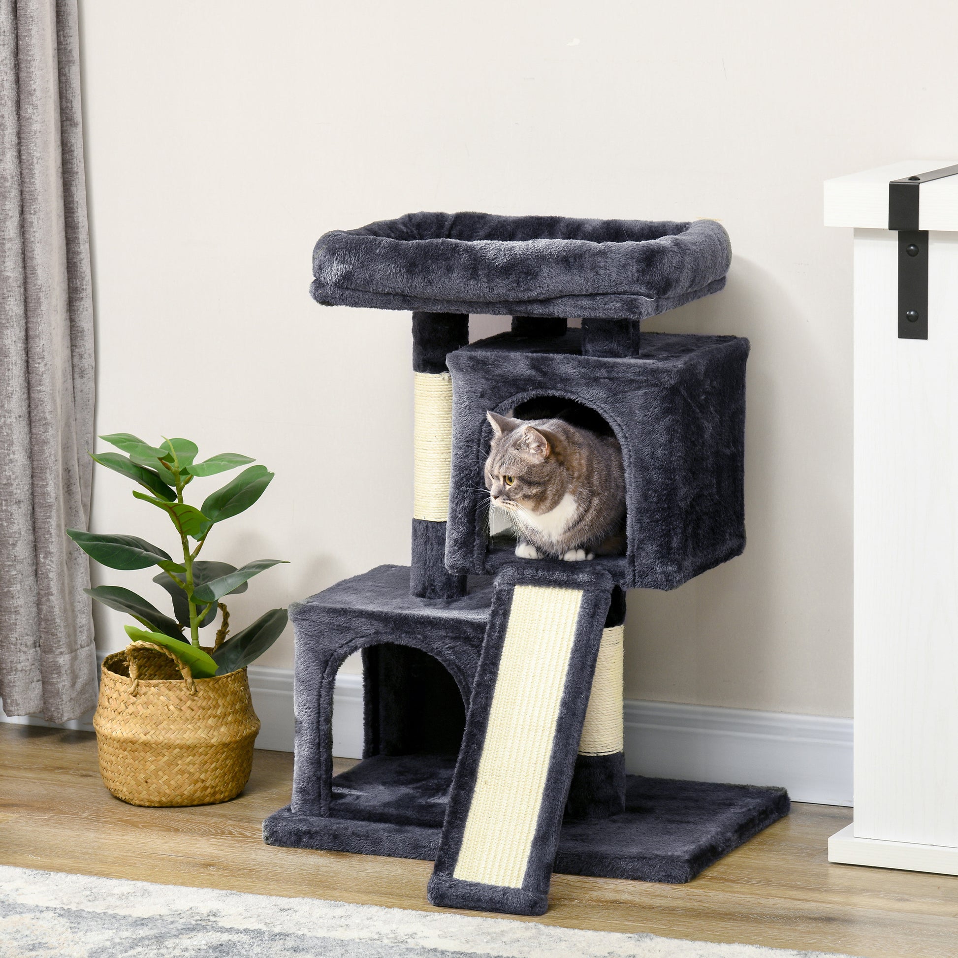 Pawhut Árbol Para Gatos Con Postes Y Tablero Rascador Cuevas Cama Suave 59x39x83_1