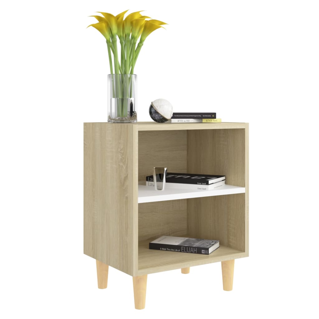 Mesitas Noche 2 Uds Patas Madera Blanco Y Sonoma 40x30x50 Cm_1