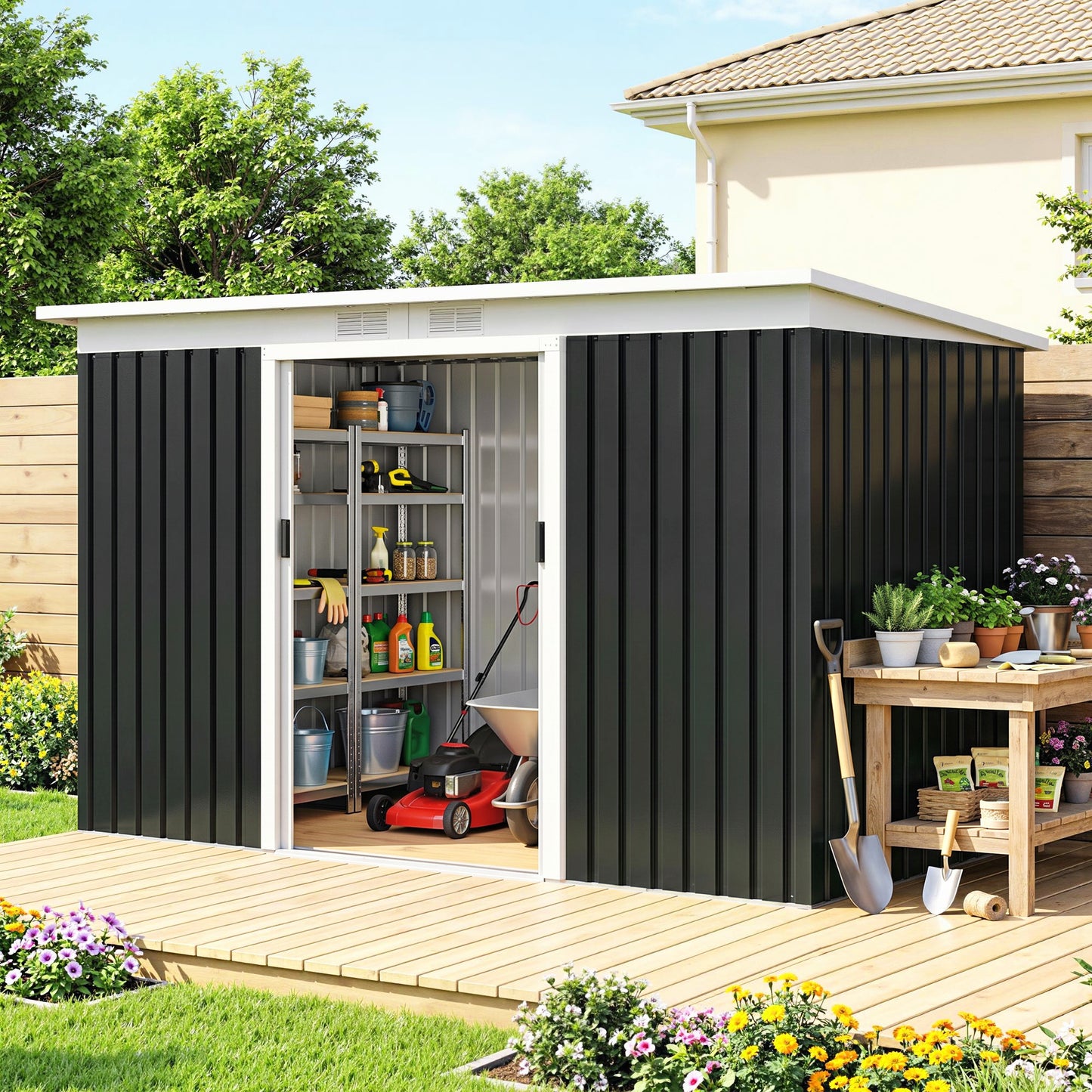Outsunny Cobertizo De Jardín 280x130x172 Cm Base De 3,2 M² Con 2 Puertas Gris_3