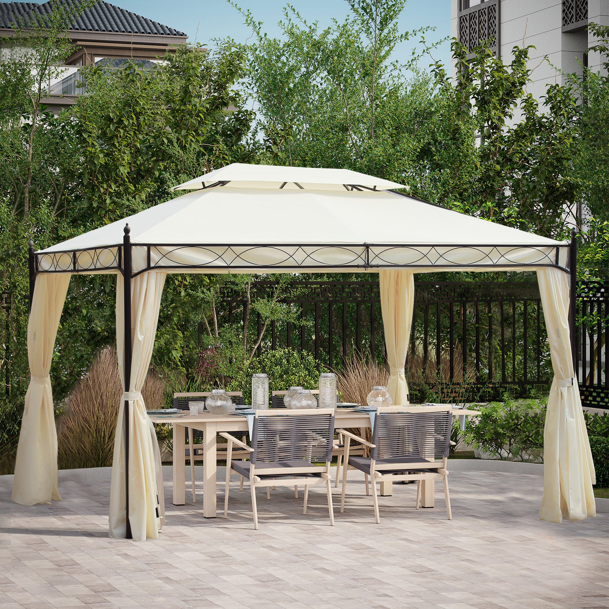 Outsunny Cenador De Jardín 4x3 M Pabellón De Jardín Con Doble Techo Crema_1