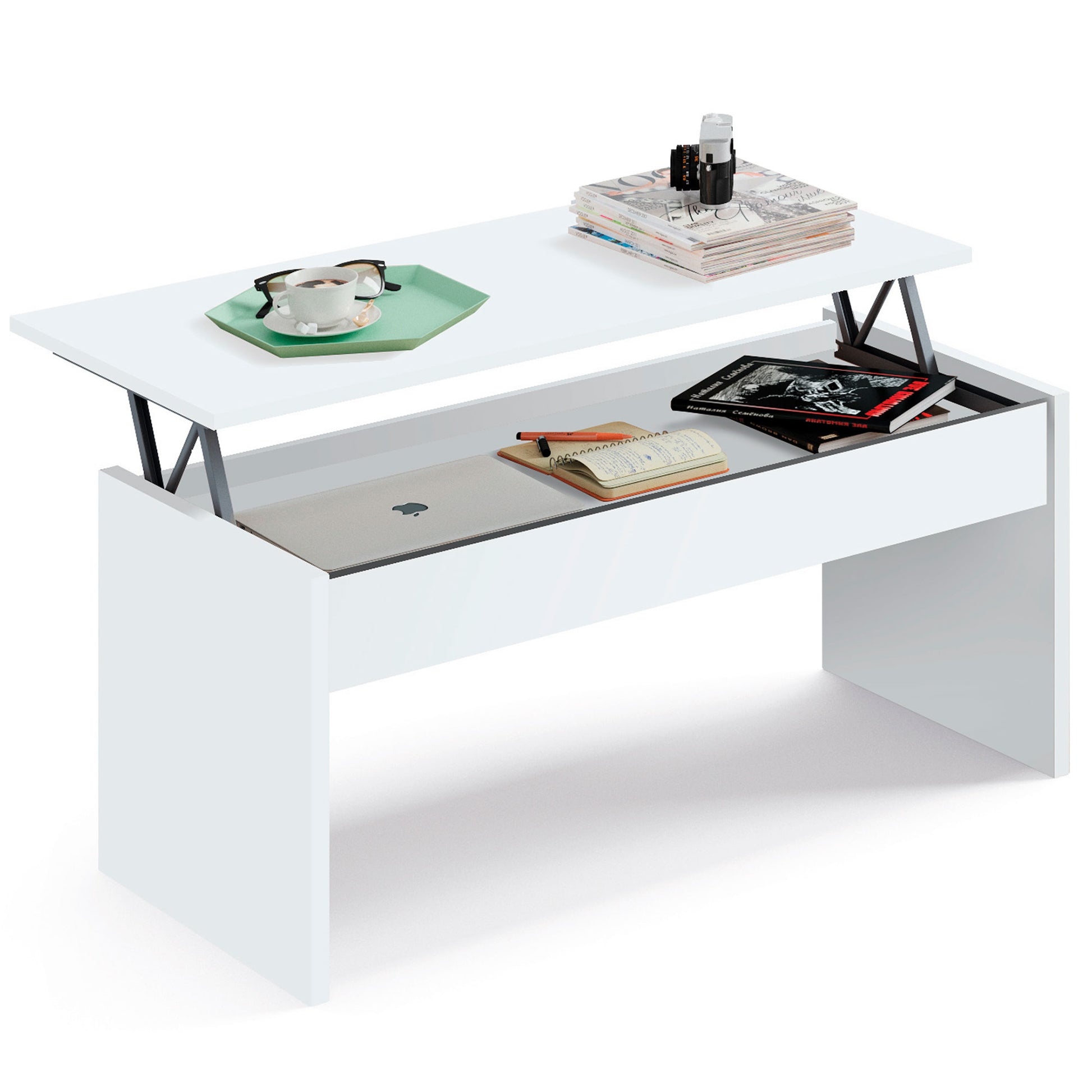 Mesa Centro Elevable, Comedor, Salón, Mesita Café Auxiliar Para Sofá, 47x100x50cm/58x100x50cm, Briebe, Opal, Blanco_0