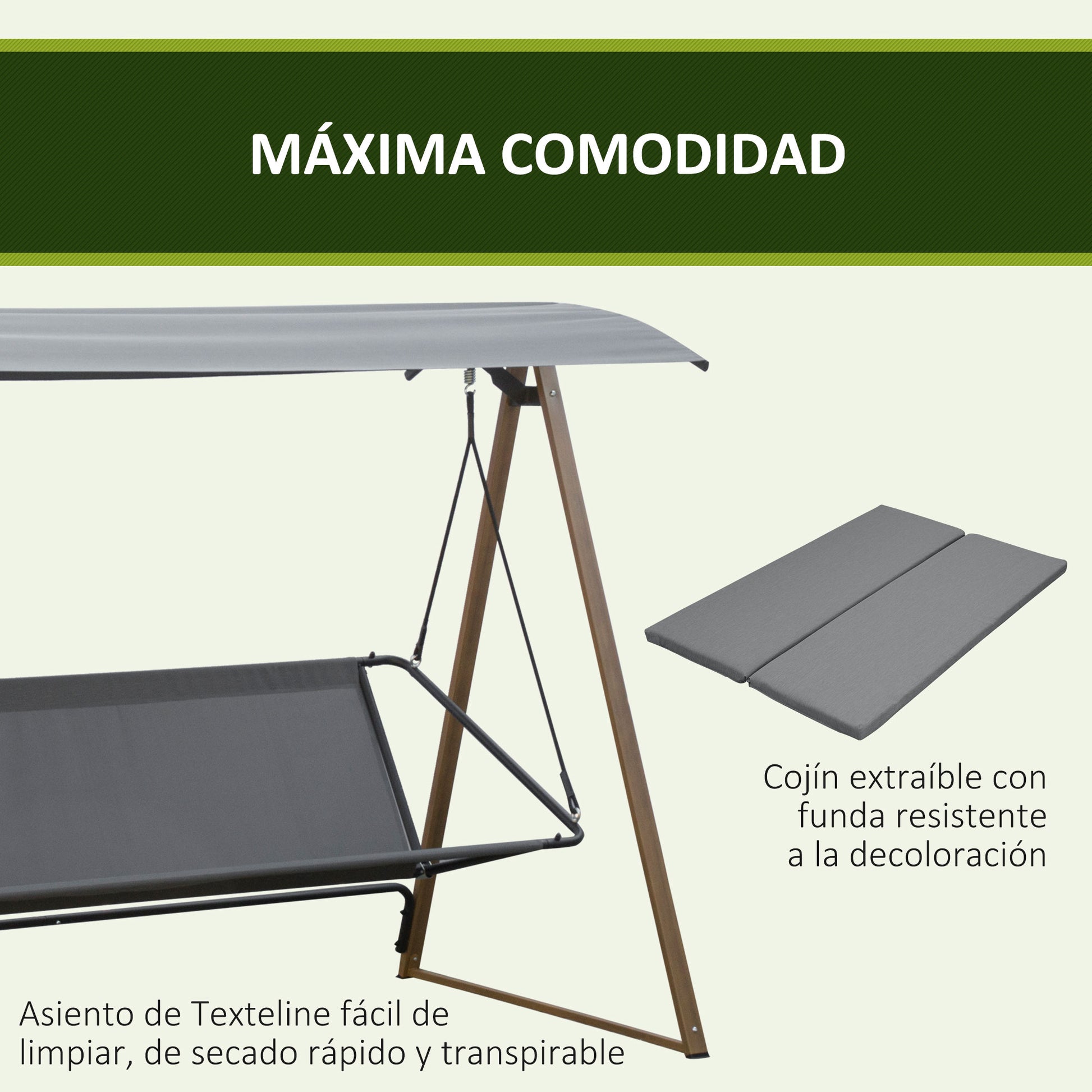 Outsunny Columpio Balancín De Jardín De 3 Plazas Techo Ajustable 224x133x173 Cm_5