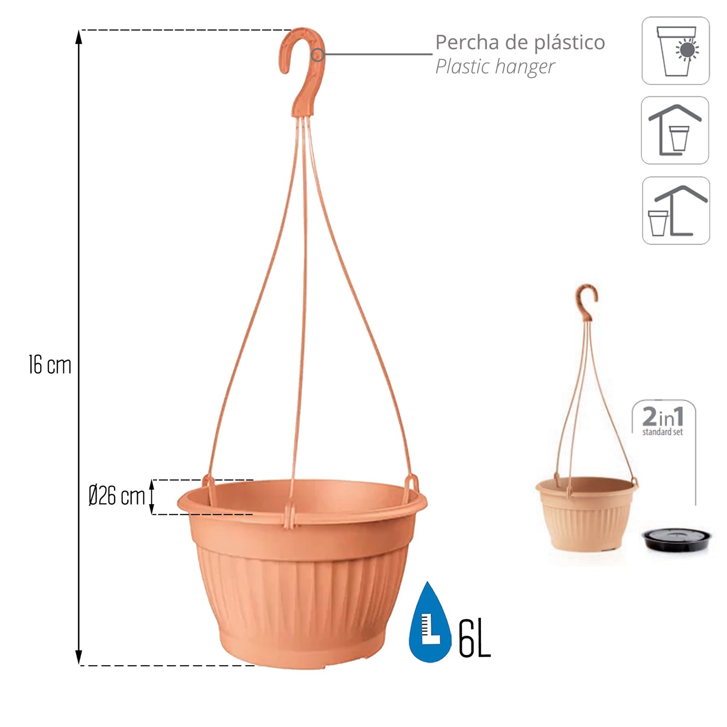 Macetero Colgante Terra 6l., Dimensiones (mm) 260x260x160, Color Terracota_2