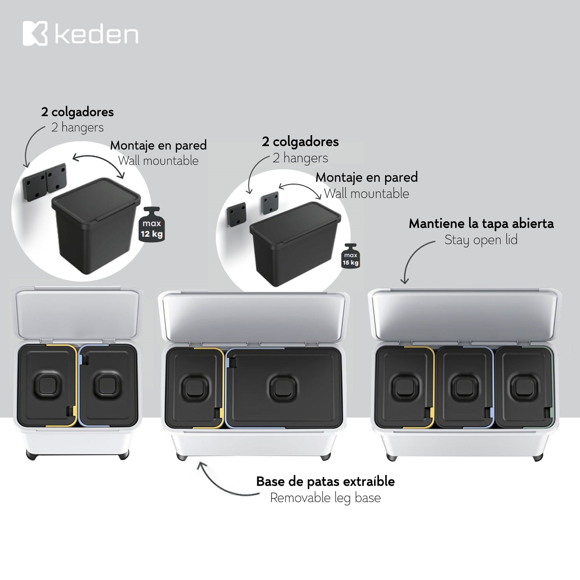 Sistema Clasificador De Reciclaje 2x10l Color Gris Keden_2