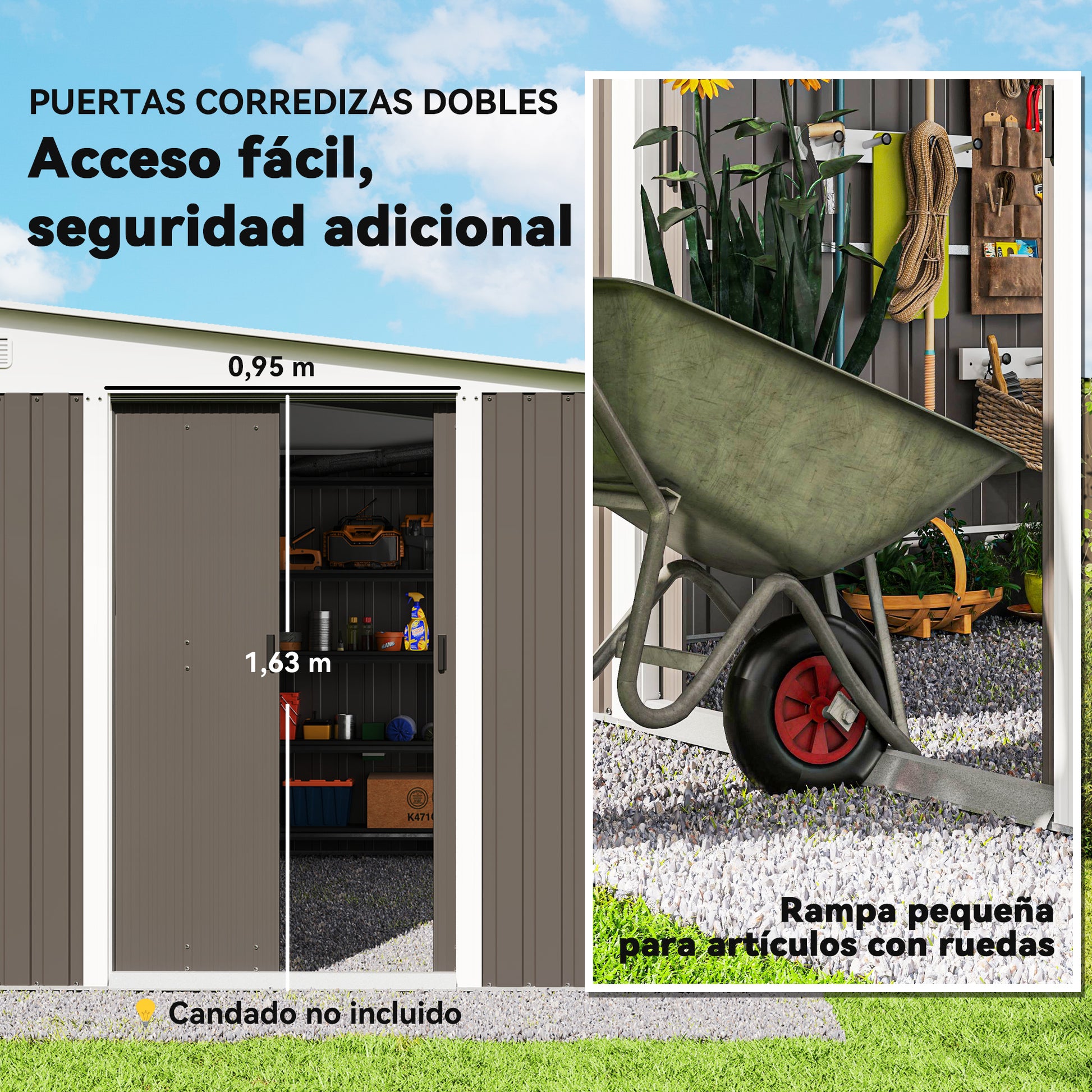 Outsunny Cobertizo De Jardín Con Puerta Y 2 Ventanas 8,9 M² 280x345x201 Cm Gris_5