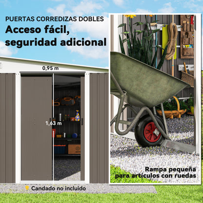 Outsunny Cobertizo De Jardín Con Puerta Y 2 Ventanas 8,9 M² 280x345x201 Cm Gris_5