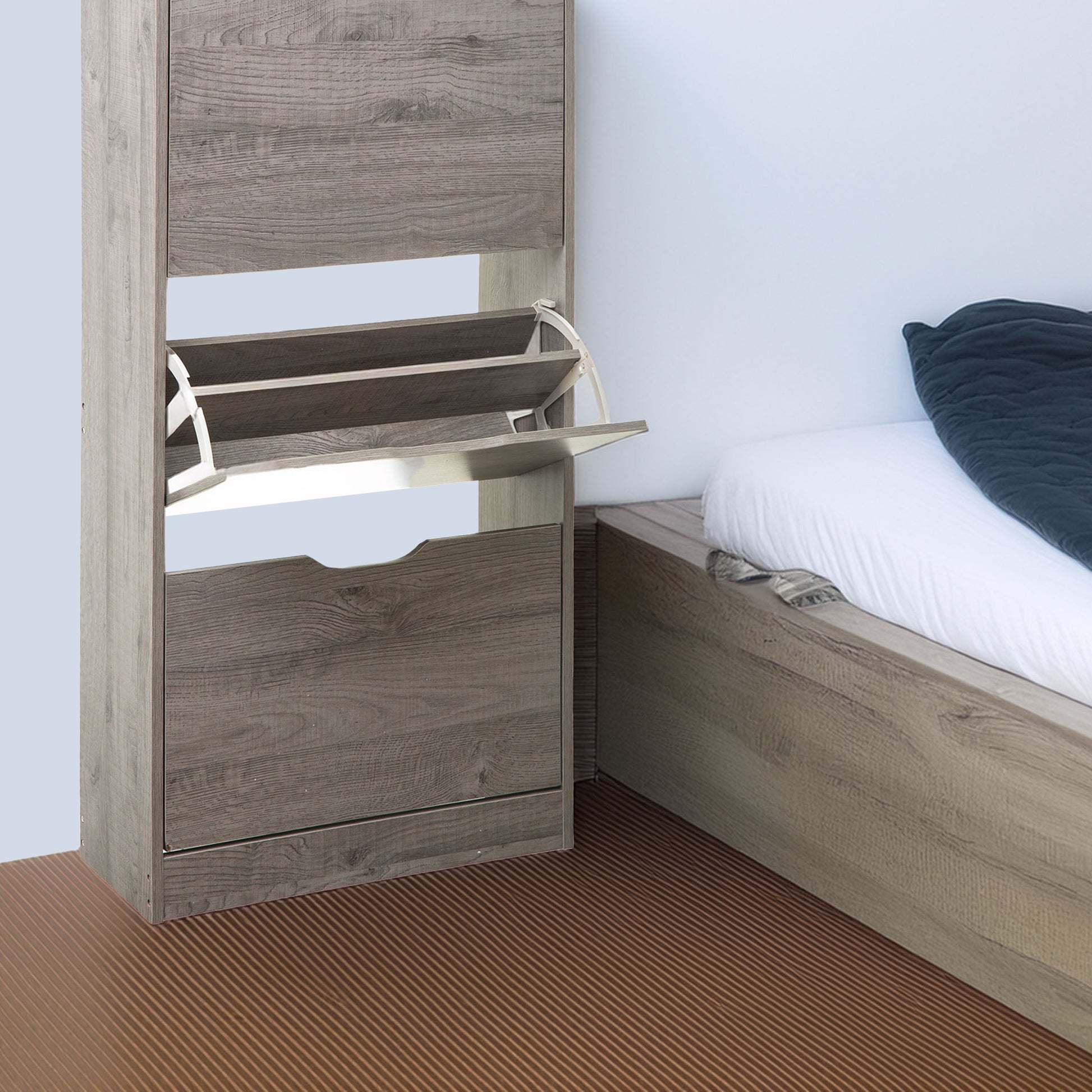 Wellhome Almacenamiento Zapatos 3 Cajones Madera Gris