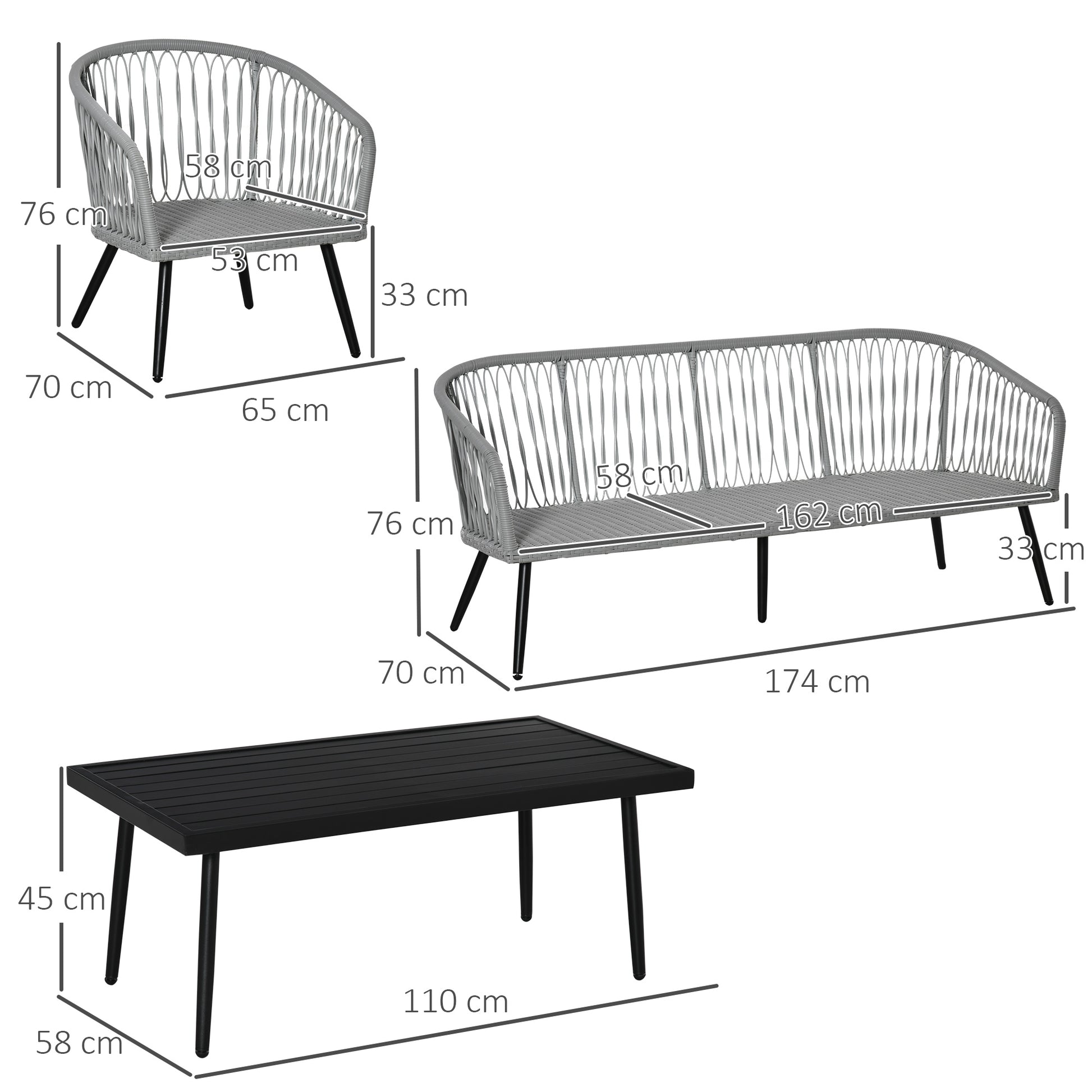 Outsunny Conjunto Muebles Ratán Jardín Mesa Sofá De 3 Plazas Y 2 Sillones Gris_2