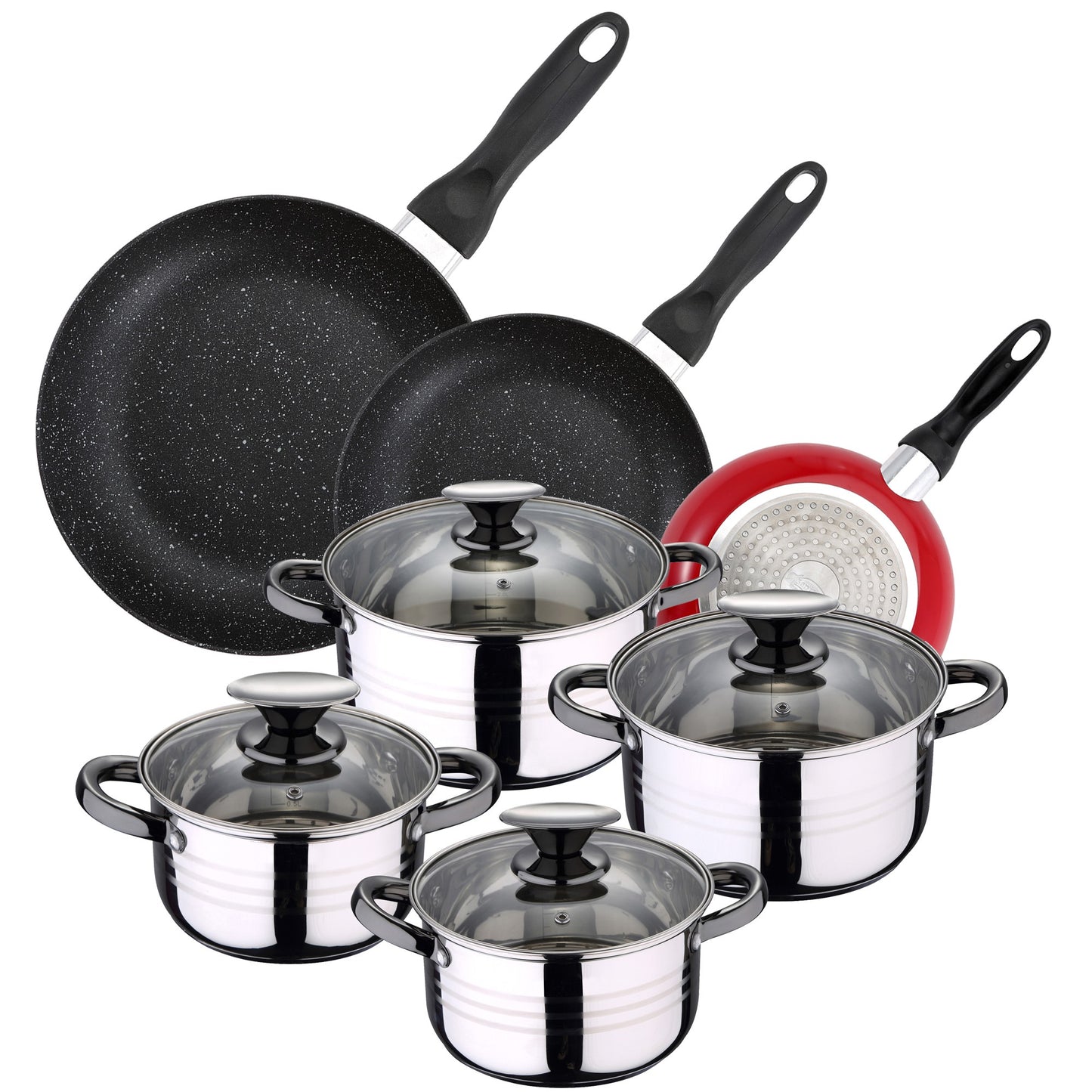Pack De 3 Sartenes San Ignacio  Ø16cm Ø20cm Ø24cm + Batería De Cocina De 8pc En Acero Inoxidable