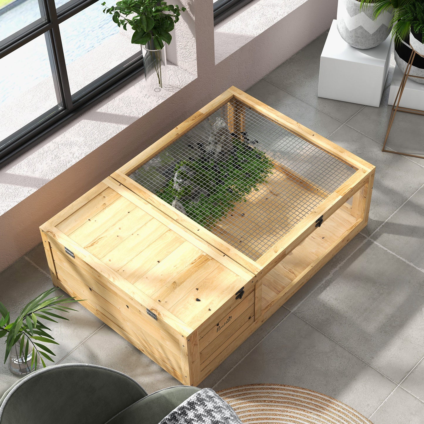 Pawhut Casa Para Tortugas De Madera Con Techo De Malla 91x60,5x32 Cm Natural_4