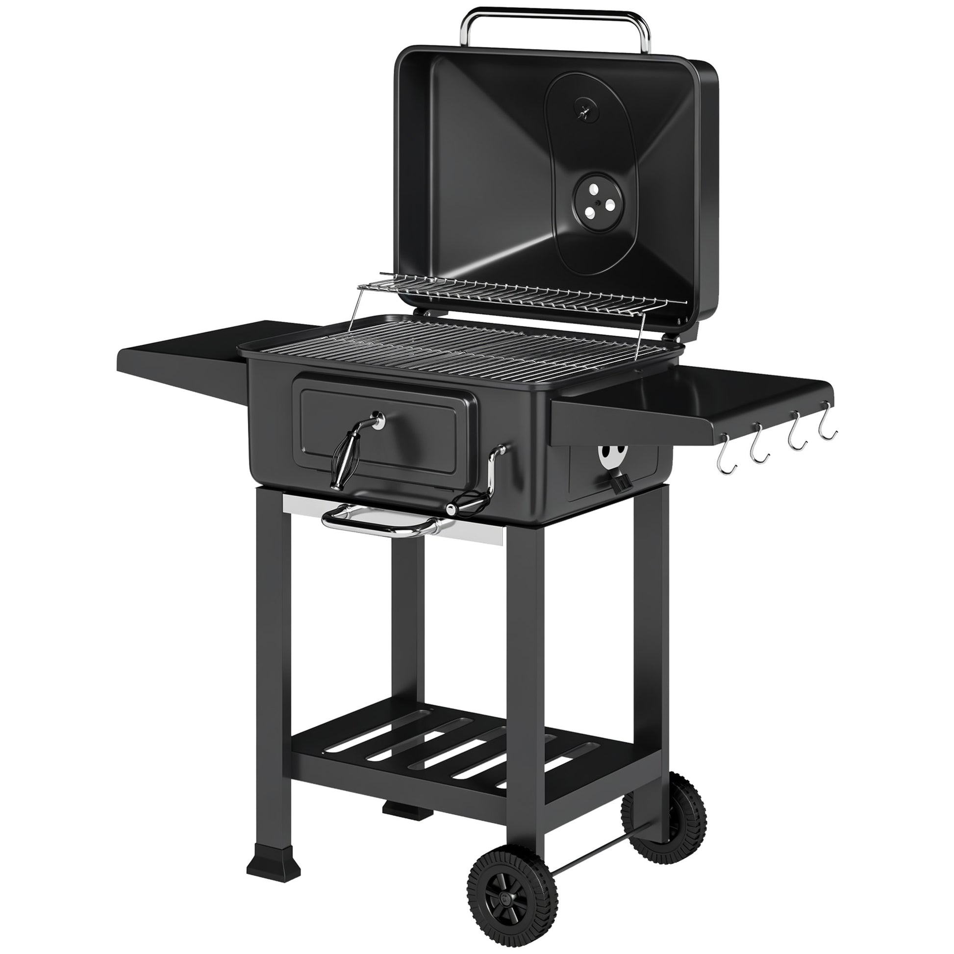 Outsunny Barbacoa De Carbón Con Tapa Bandeja Ajustable Estantes Puerta Ruedas_0