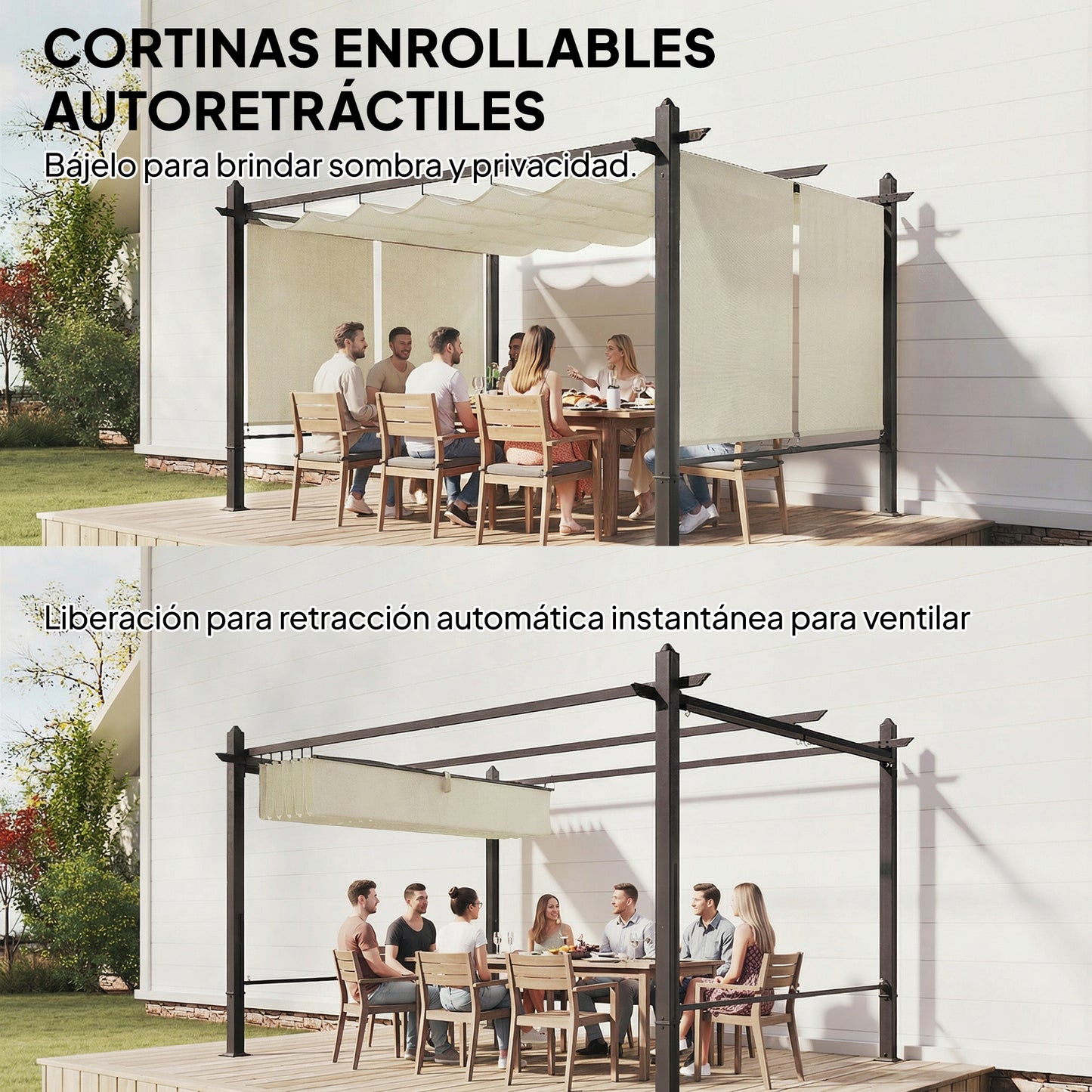 Outsunny Pérgola De Jardín 4x3 M Con Techo Retráctil Y 4 Cortinas Enrollables Automáticas_3