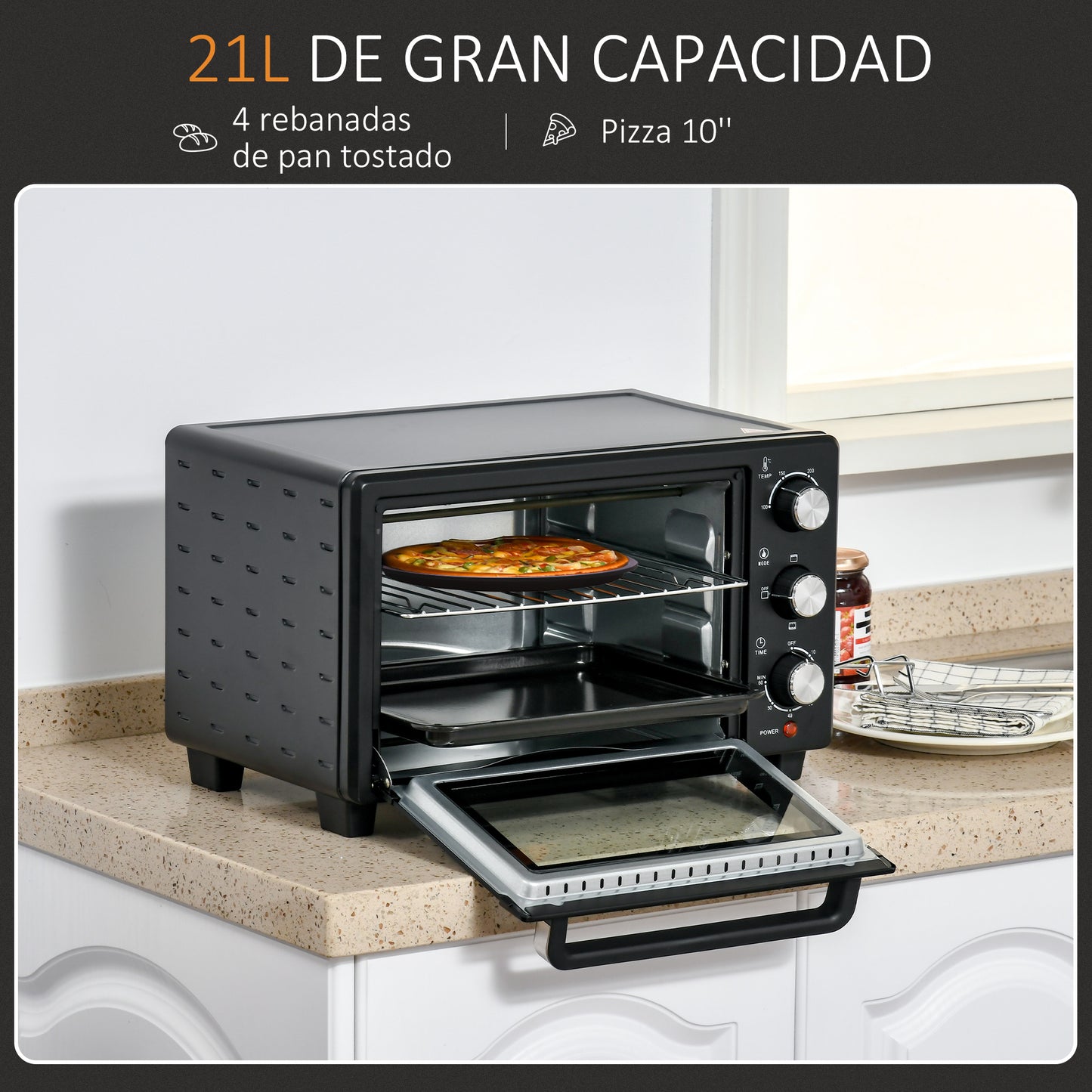 Homcom Horno Eléctrico De Sobremesa De 21l 1400w Con Temporizador Negro_3