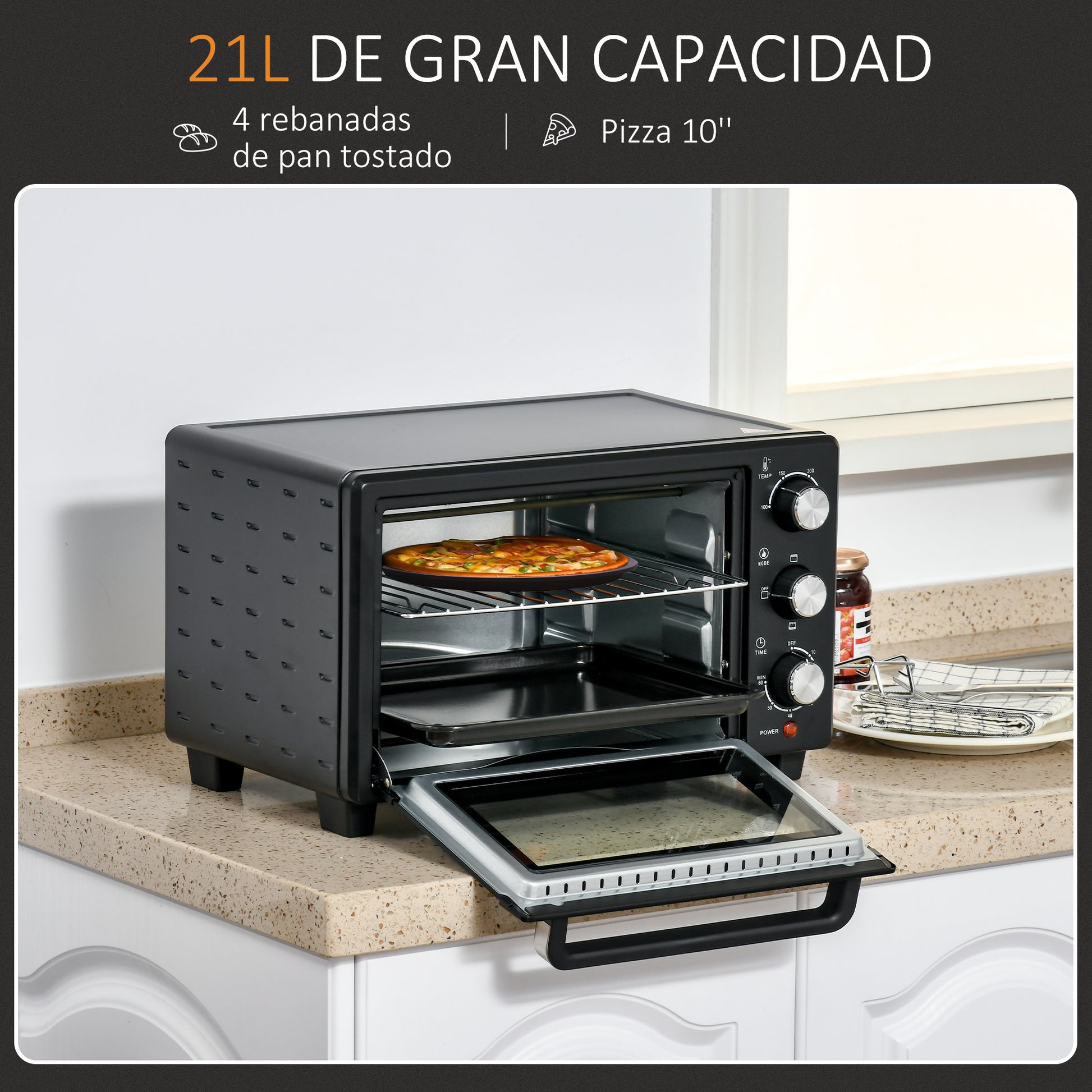 Homcom Horno Eléctrico De Sobremesa De 21l 1400w Con Temporizador Negro_3