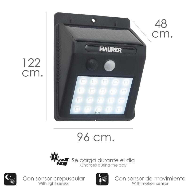 Aplique Foco Solar Led Exterior Ip65, 200 Lumenes, Sensor Movimiento Y Crepuscular, Foco Led Bateria, Foco Solar Bateria,_2