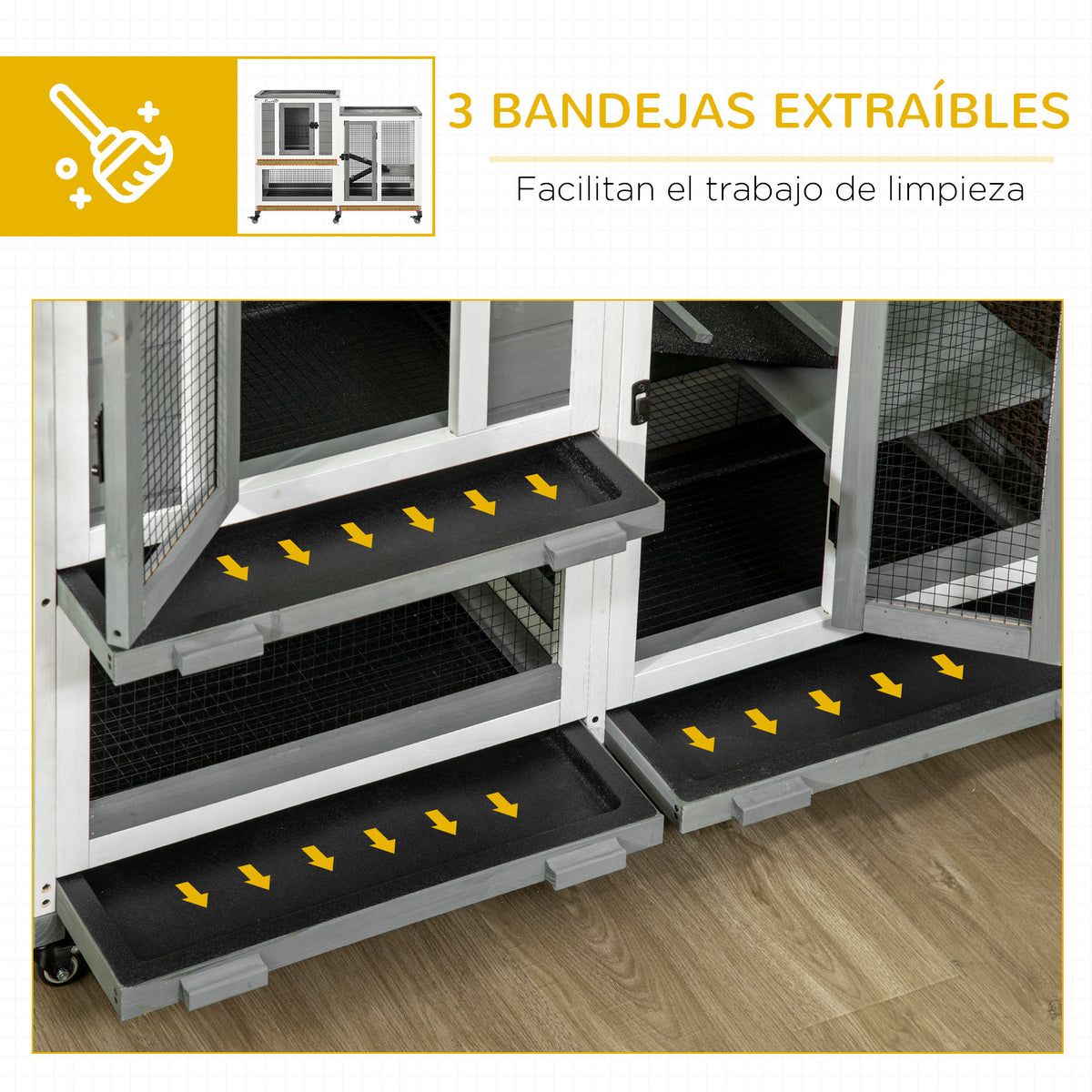 Pawhut Conejera De Madera Para Interior Con 6 Ruedas 110x50x86 Cm Gris_5