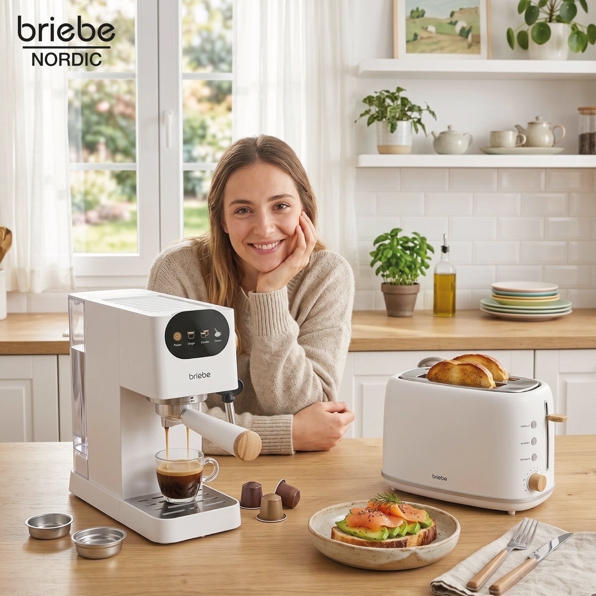 Briebe Nordic Set Cafetera 20 Bares Cápsulas,café Molido Espumador Leche Tostadora 2 Rebanadas Anchas,skt1221wht,blanco_1