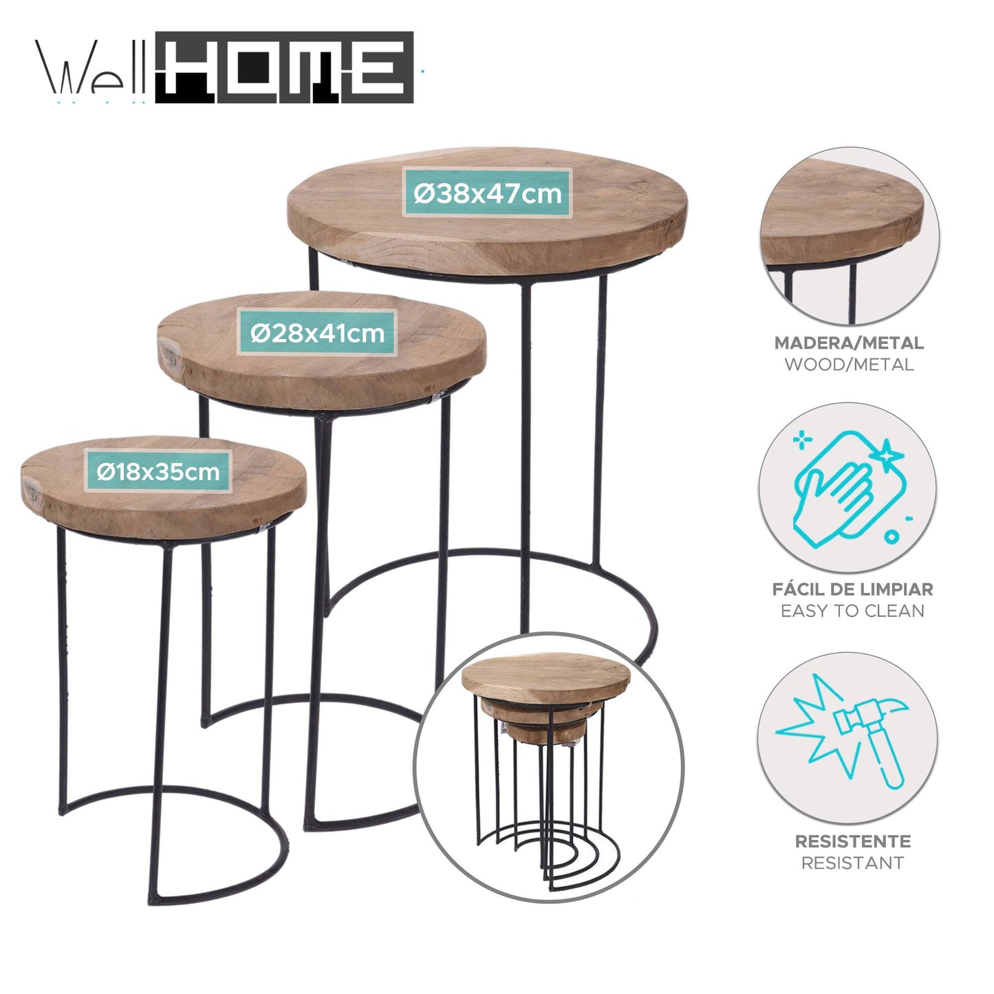 Well Home Juego De 3 Mesas Auxiliares Redondas Metal Ø18ø28ø38cm