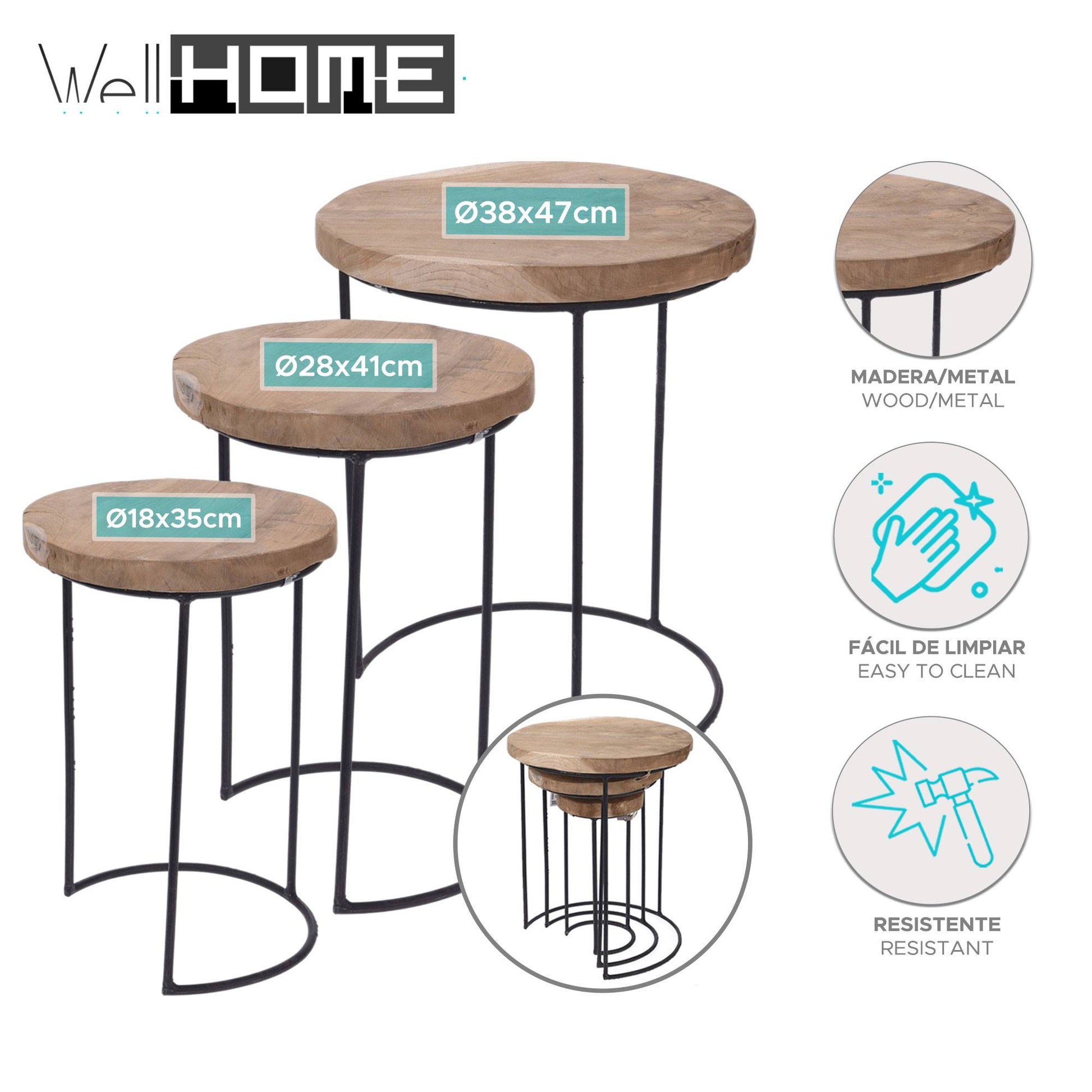 Well Home Juego De 3 Mesas Auxiliares Redondas Metal Ø18ø28ø38cm