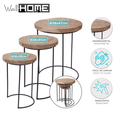 Well Home Juego De 3 Mesas Auxiliares Redondas Metal Ø18ø28ø38cm