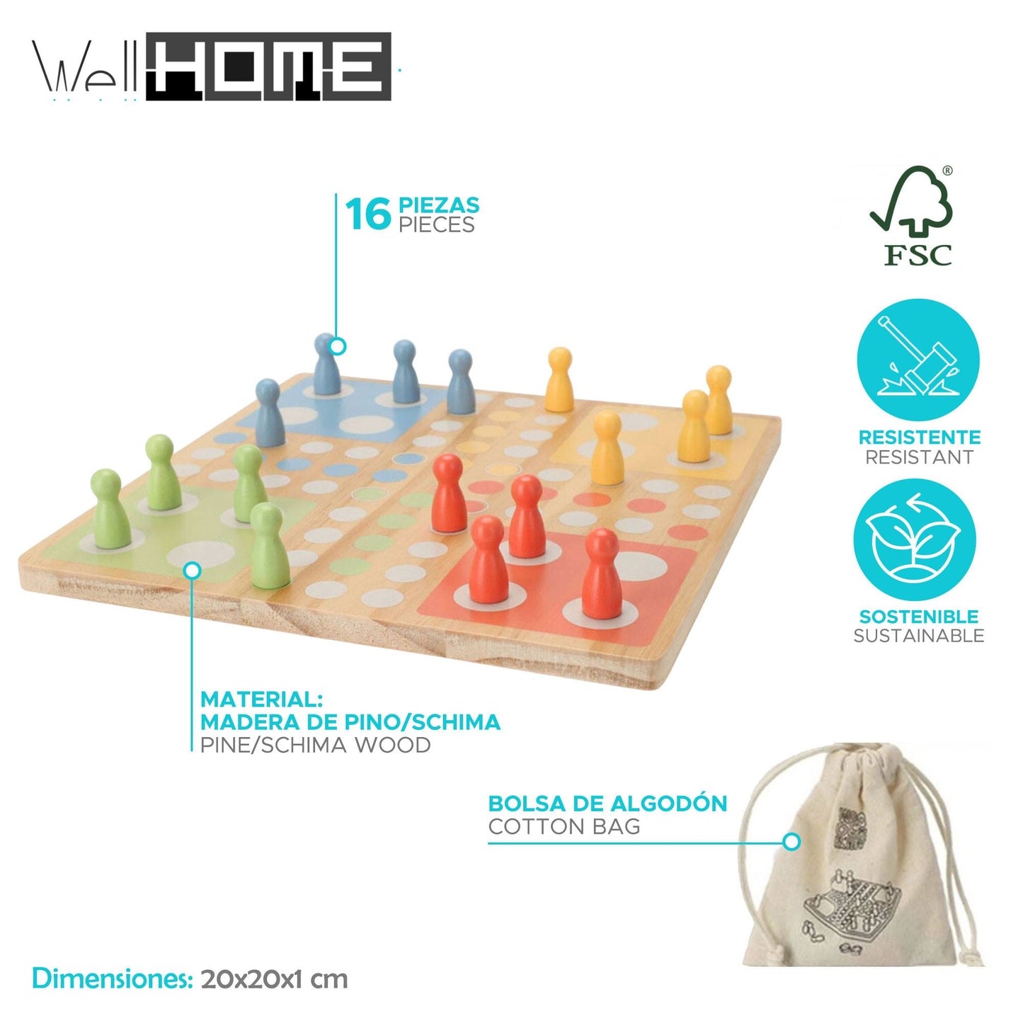 Well Home - Juego Ludo Board En Madera De Pino Con Bolsa De Algodón_1