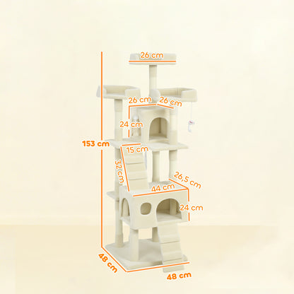 Pawhut Árbol Rascador Para Gatos 153 Cm Con 2 Cuevas 3 Camas 2 Rampas Crema_2