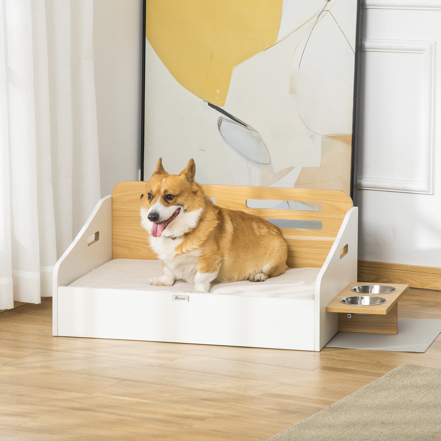 Pawhut Cama De Madera Para Perros Con Comedero 2 Cuencos Y Cojín 100x56x39 Cm_1